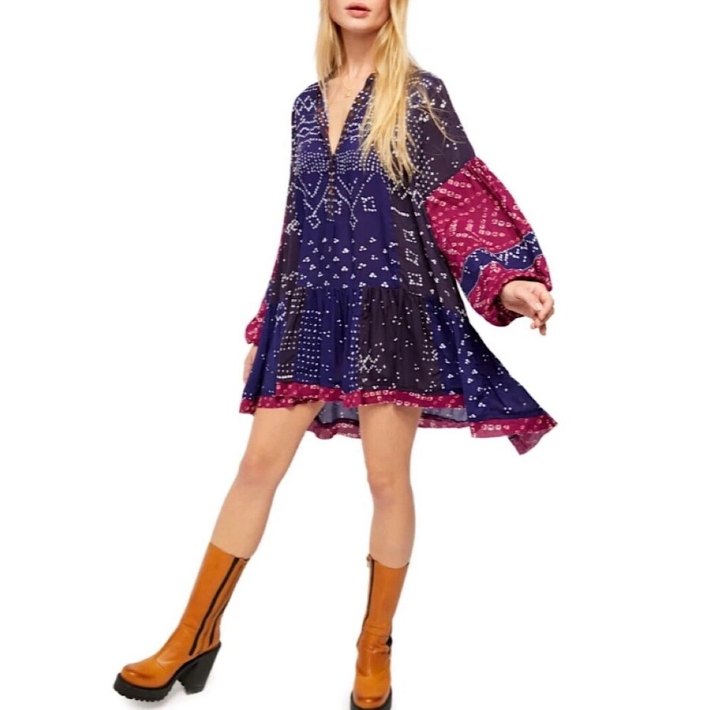 Free People Shibori Tunic Mini Dress Womans Small Flowy Balloon Sleeve Boho